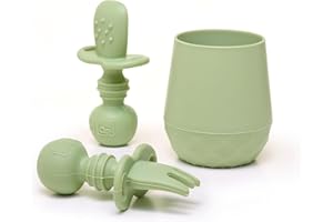 Tooshka Baby Utensil Set (3 pcs) - Self Feeding Spoons and Tiny Cup - Silicone & BPA Free - Baby Led Weaning (BLW) Supplies - Ages 6+ Months - Sage