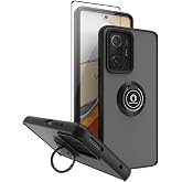 QUIETIP Case Compatible with Xiaomi 11T &amp; 11T Pro with Screen Protector,TPU + Hard PC Shockproof Magnetic Ring Car Mount Stand Phone Cover,Black