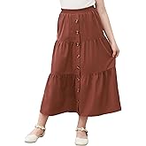 GORLYA Girls Casual Button Front Ruffle Hem Elastic High Waist Long Swing Tiered Maxi Skirt for 6-16Y