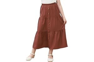 GORLYA Girls Casual Button Front Ruffle Hem Elastic High Waist Long Swing Tiered Maxi Skirt for 6-16Y