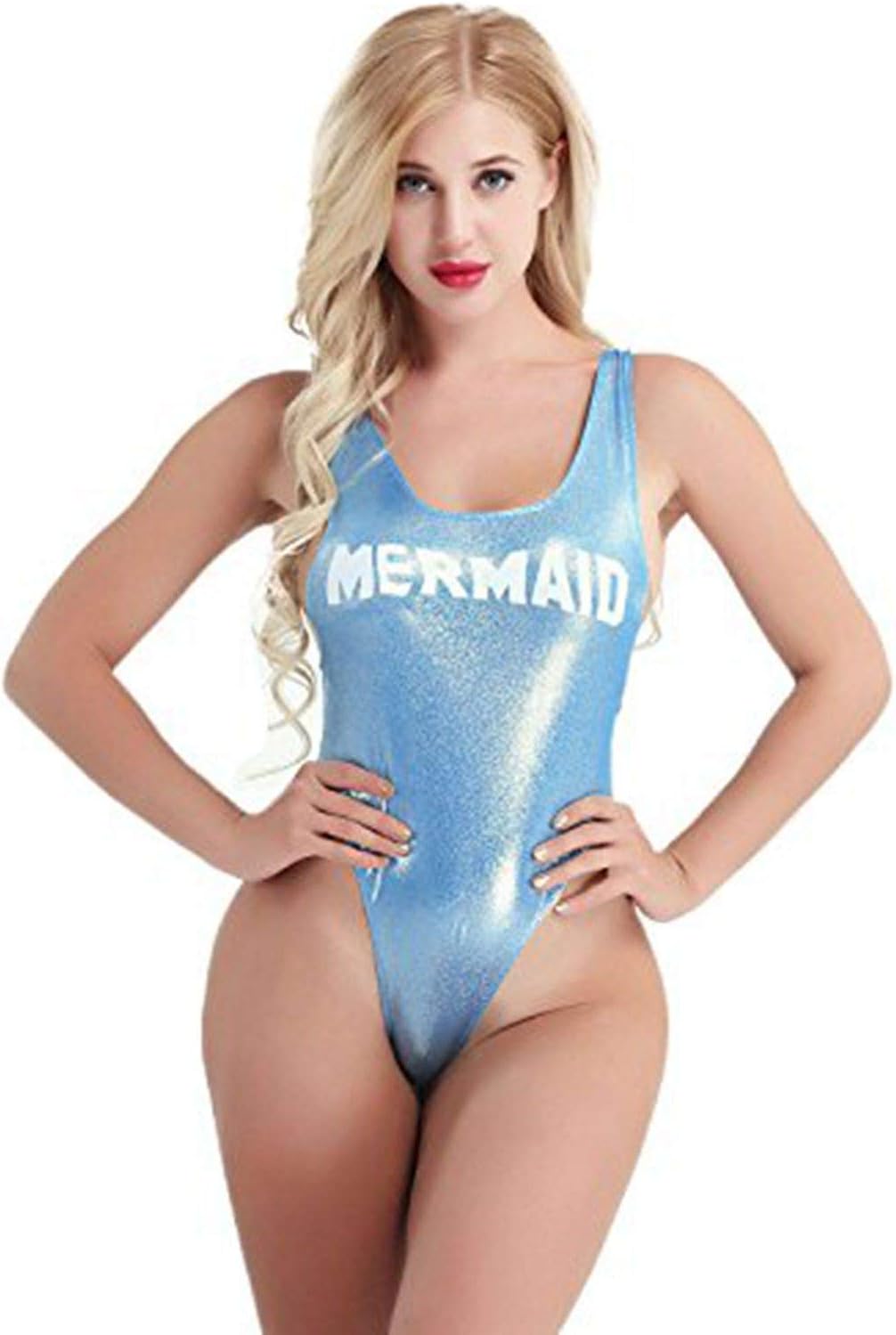 winying Womens Shiny Metallic Swimsuit Sleeveless High Cut Thong Monokini Leotard Bodysuit Swimwear