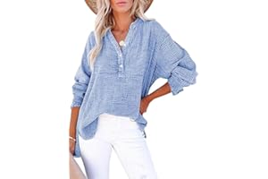 Womens Casual Gauze Button Neck Long Sleeve Oversized Blouses Tops, Summer Oversized Solid Lightweight Gauze Top