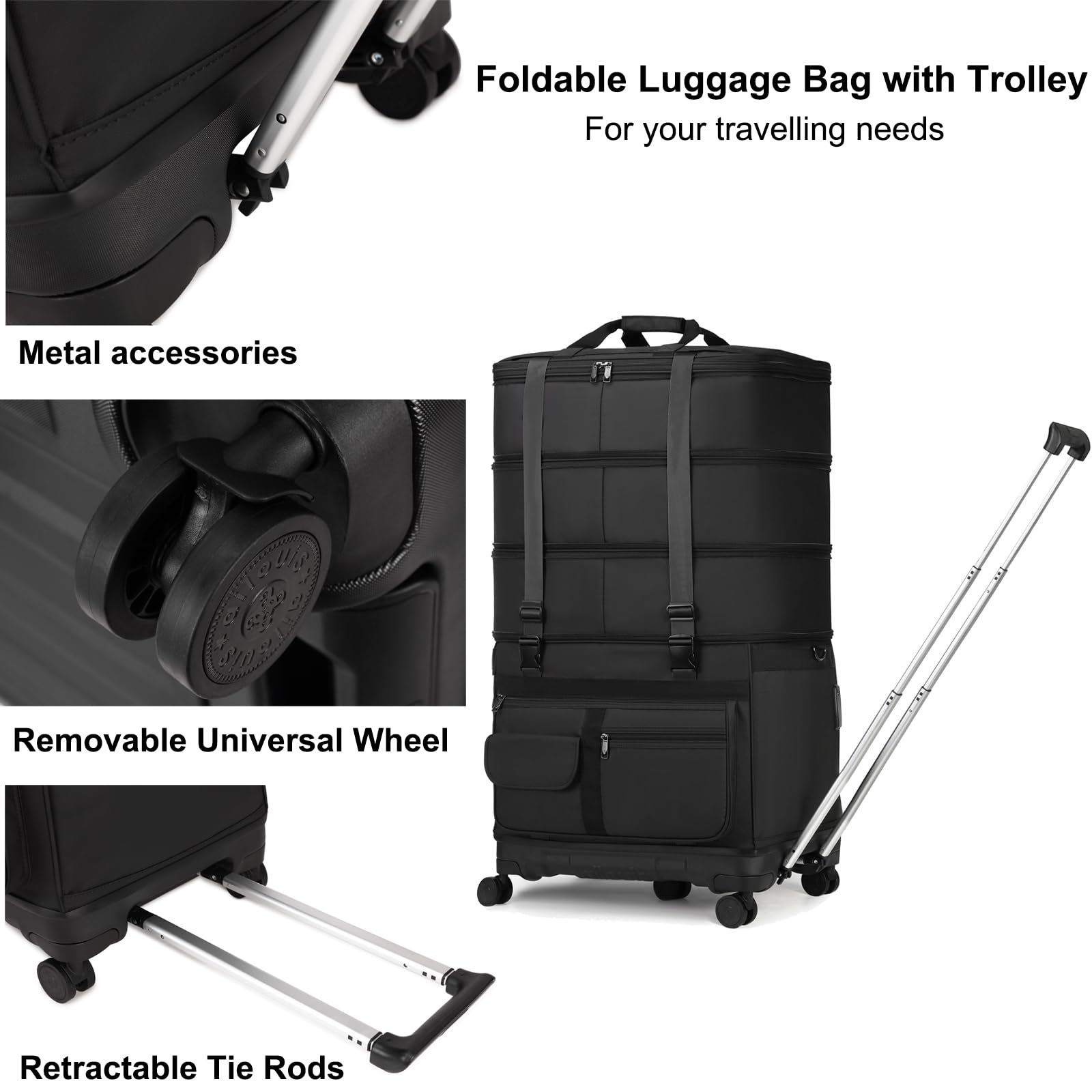 UEIPA Expandable Collapsible Luggage with Telescoping Handle Foldable Suitcase with Removable Wheels Rolling Travel Duffel Bag for Men and Women