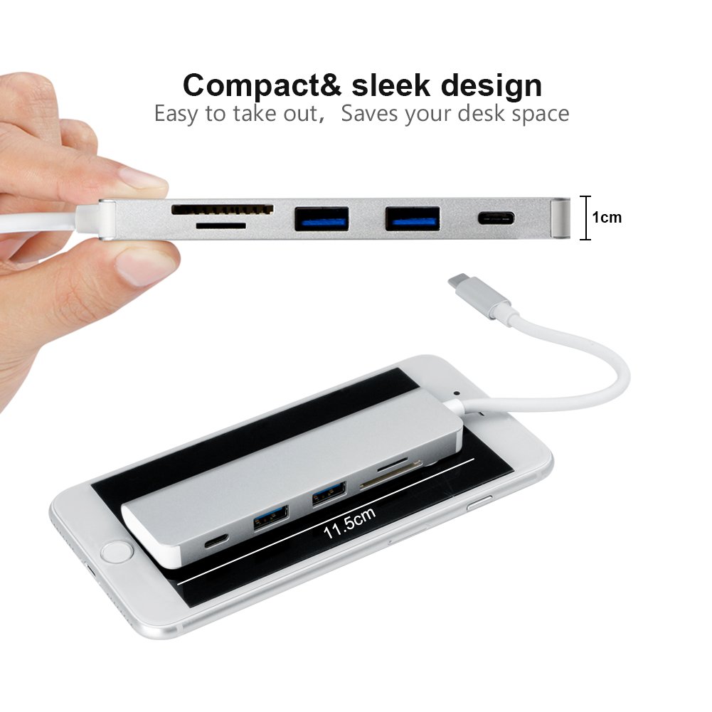 USB-C Hub, 5-in-1 Type-C Adapter To Power Delivery ,2 USB3.0 SD TF Card Reader USB Dongle For MacBook Pro 2018/2017/2016 Chromebook Pixel, DELL XPS13(Silver)