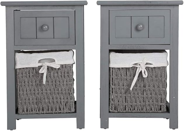 Queiting Bedside Table Set Of 2 Shabby Chic Wooden Night Stand Storage Units Cabinets With Wicker Storage Basket For Bedroom Living Room Dark Grey 31 X 28 X 45cm Amazon Co Uk Kitchen