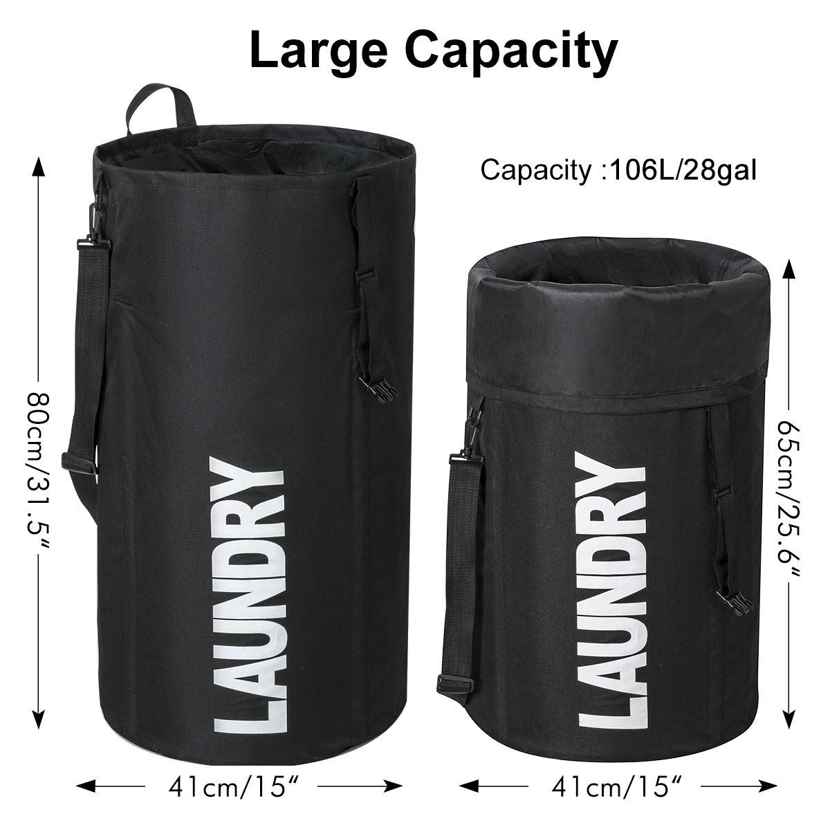 WISHPOOL 106L Collapsible Laundry Bag Backpack Laundry Liner Extra Large Laundry Basket Foldable Laundry Hamper Dirty Clothes Hamper for Laundry （Black）