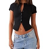 Women Button Down Short Sleeve Top Summer Ribbed Crew Neck Slim Fit Shirt Casual Solid Color Crop Tee