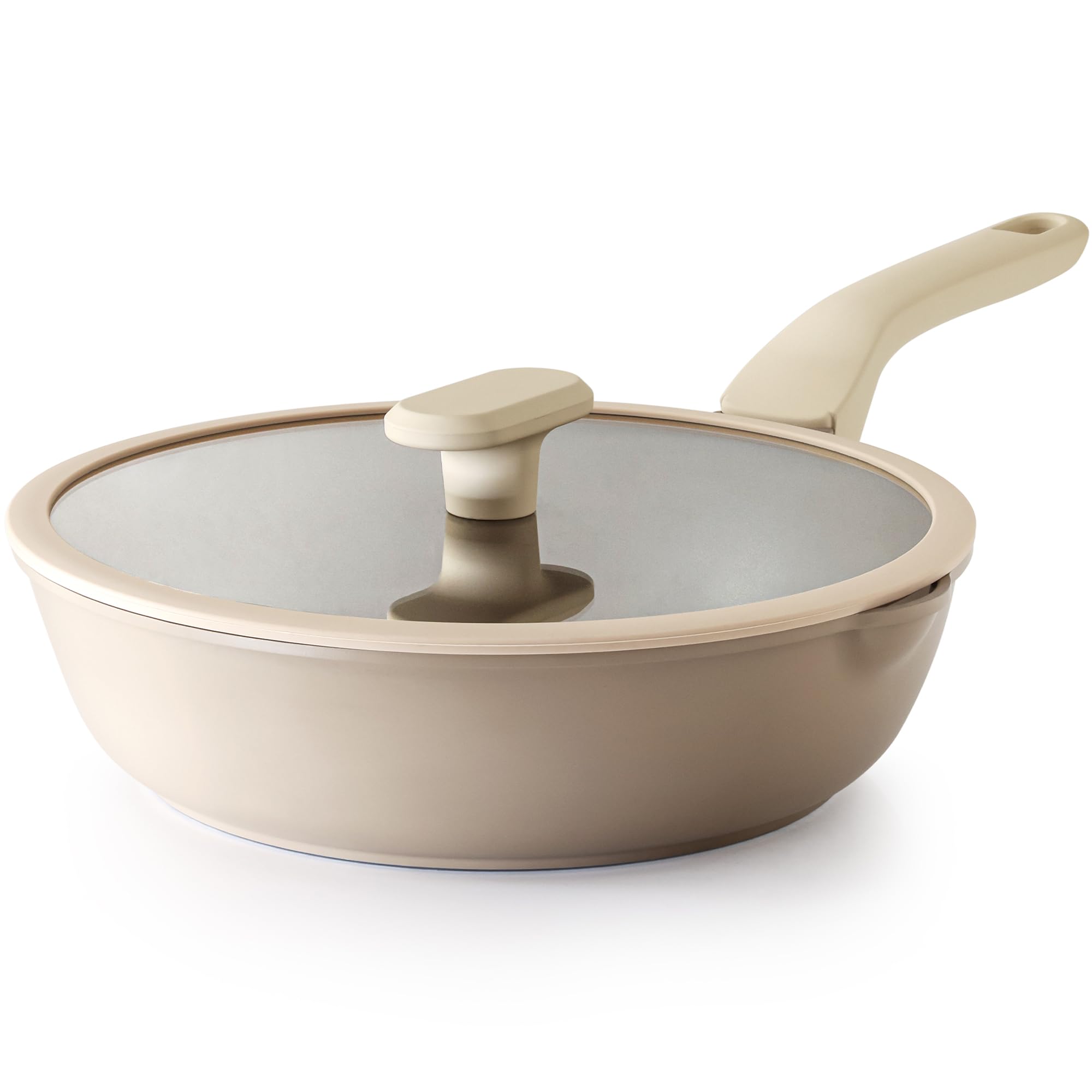 PRICUSIS Nonstick Deep Frying Pan with Glass Lid, 10 Inch (3.2 qt), 5X Durable Nonstick Sauté Pan, Scratch & Stain Resistant, PFOA Free, Induction Compatible, Dishwasher & Oven Safe, Natural Linen Image