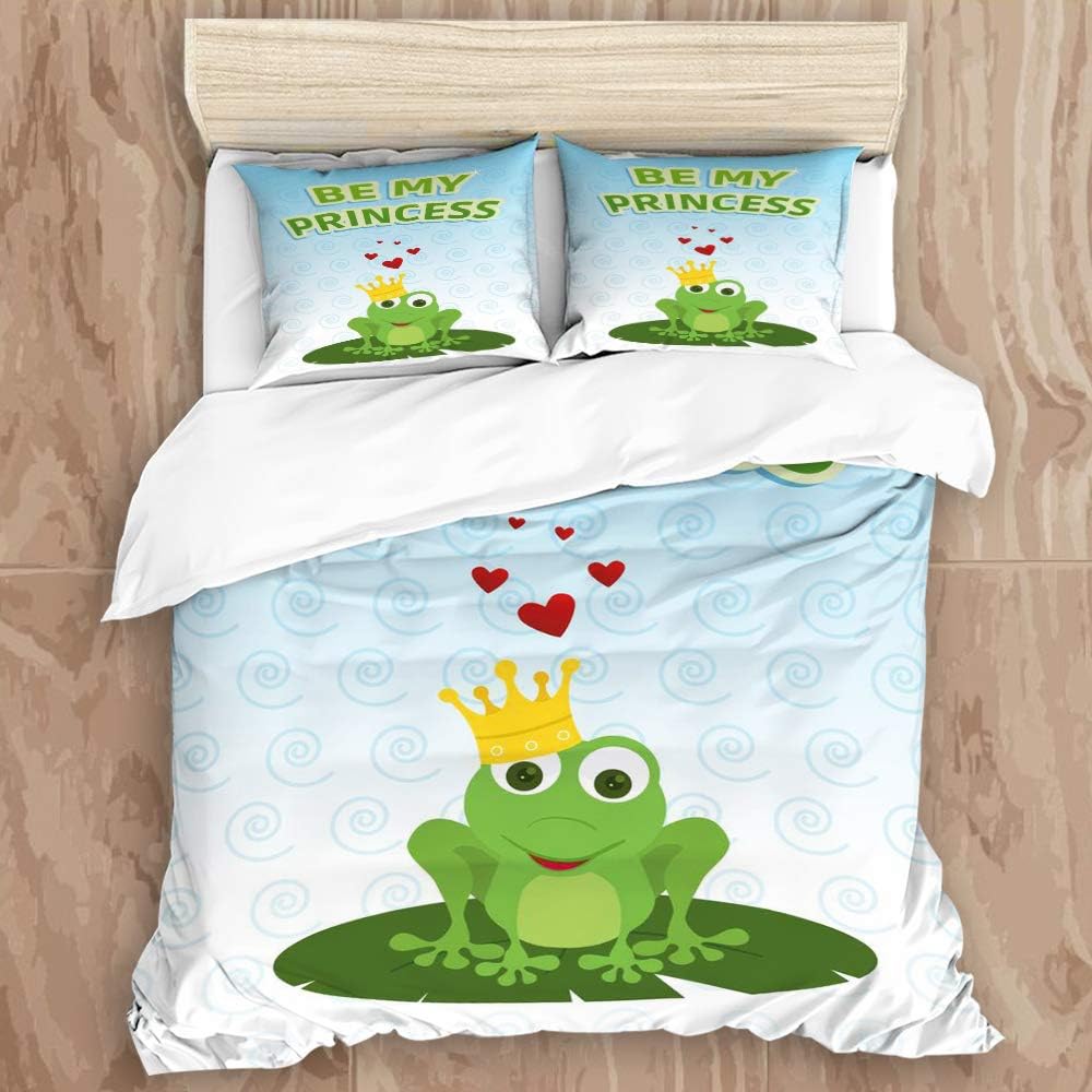 Mokale Bedding Duvet Cover 3 Piece Set – be My Princess Cute Cartoon Frog – Brushed Microfiber Hotel Dorm Quilt Covers with Zipper Closure and 2 Pillow Shams,Twin 68"x86"