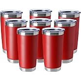 HASLE OUTFITTERS 20oz Tumblers Stainless Steel Mugs with Lid Double Wall Vacuum Insulated Coffee Cups for Cold & Hot Drinks (20oz-Red, 8 Pack)