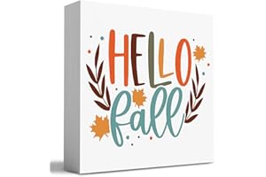 HTBIG Fall Wooden Box Sign Desk Decor, 5.1 X 5.1 Inch Autumn Maple Wood Sign for Tiered Tray Decor for Home Living Room Harvest Day Thanksgiving Tabletop Decor-Hello Fall 2