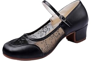 Women's Chunky Low Block Heels Mary Jane Ballet Pumps Strap Retro Lace Up Round Closed Toe 1940s Shoes