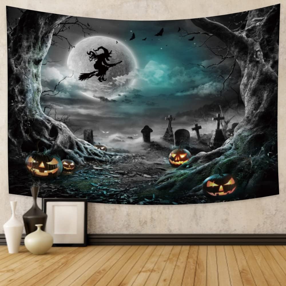 Tapestries - Arrebolart Scary Halloween Tapestry Spooky Witch and Bat Flying over Full Moon Night Tapestry Horror Pumpkins in Gray Graveyard Tapestry Wall Decor for Living Room Bedroom Dorm, 60x40 Inches