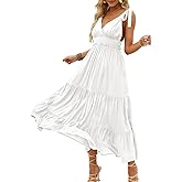 DEEP SELF Women's Summer V Neck Tie Strap Maxi Dress Halter Ruffle Hem Long Dresses Spaghetti Strap Long Flowy Dresses