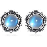 Sterling Silver Natural Stone Moonstone/Lapis Lazuli/Turquoise/Larimar/Black Onyx Retro Flower Stud Earrings jewelry Gifts for Women