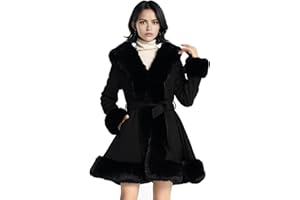 NXBC Winter Faux Fur Coats for Women,Faux Fur Leather Jacket Women,Winter Long Sleeve Furry Trim Peplum Parka Coat with Belt