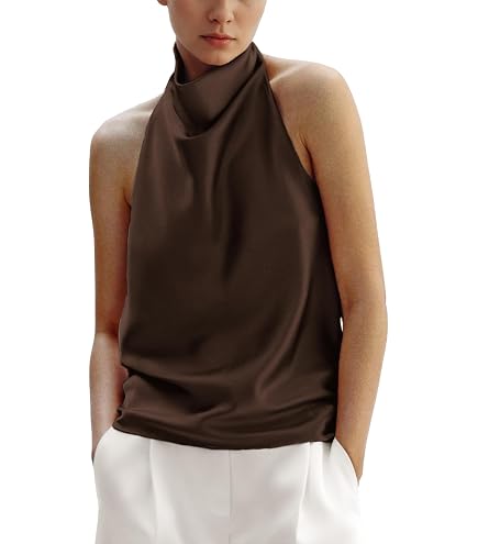 Women Satin Halter Top Y2K Mock Neck Lace Trim Asymmetrical Hem