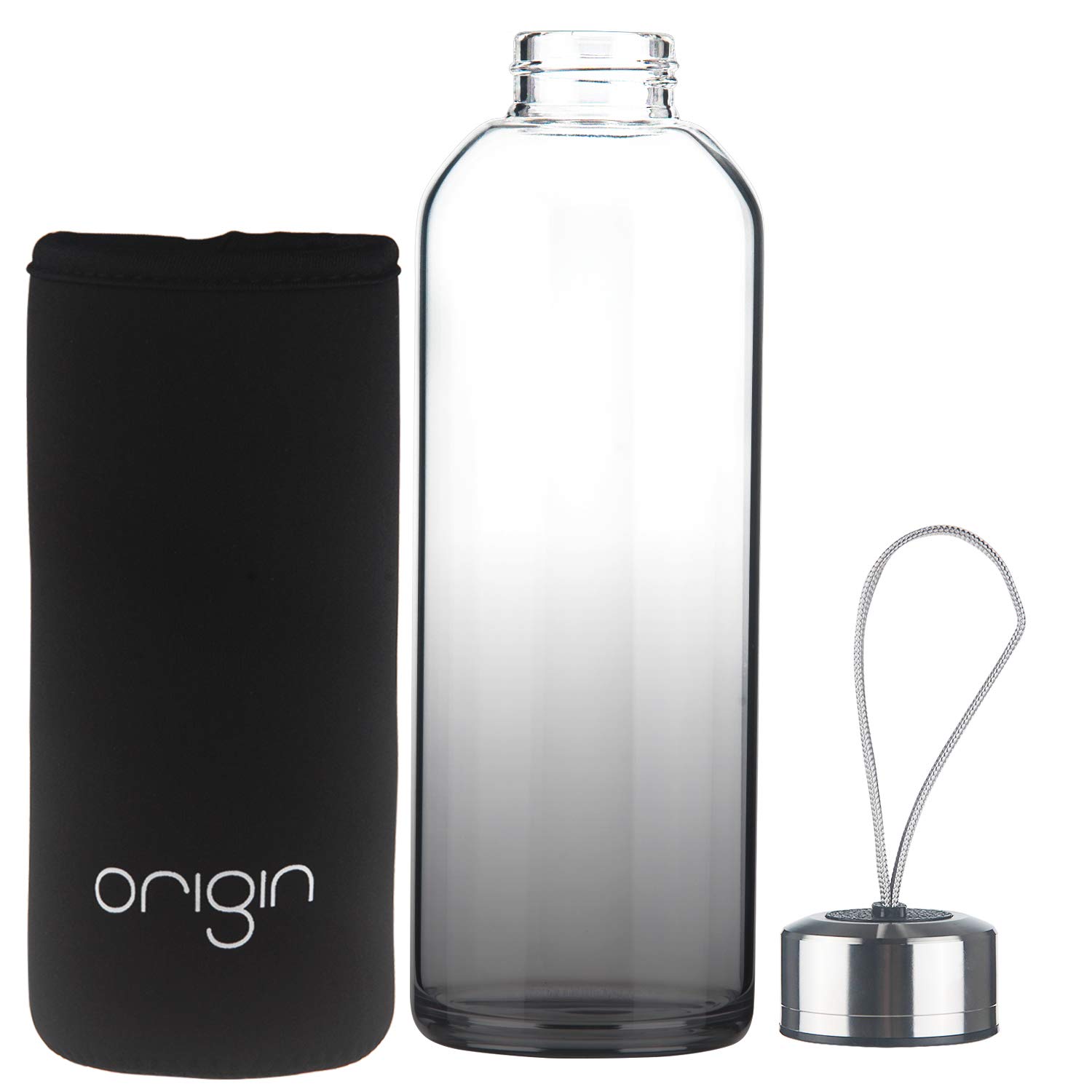ORIGIN Best BPA-Free 100% Borosilicate Glass Water Bottle With Protective Neoprene Sleeve and Leak-Proof Stainless Steel Lid | Dishwasher Safe (Midnight, 32 Oz)