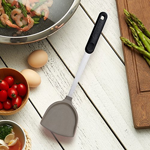 DESLON Wok Spatula Stainless Steel with Grey Silicone Turner and Handle Safe Soft for Nonstick Wok Utensils