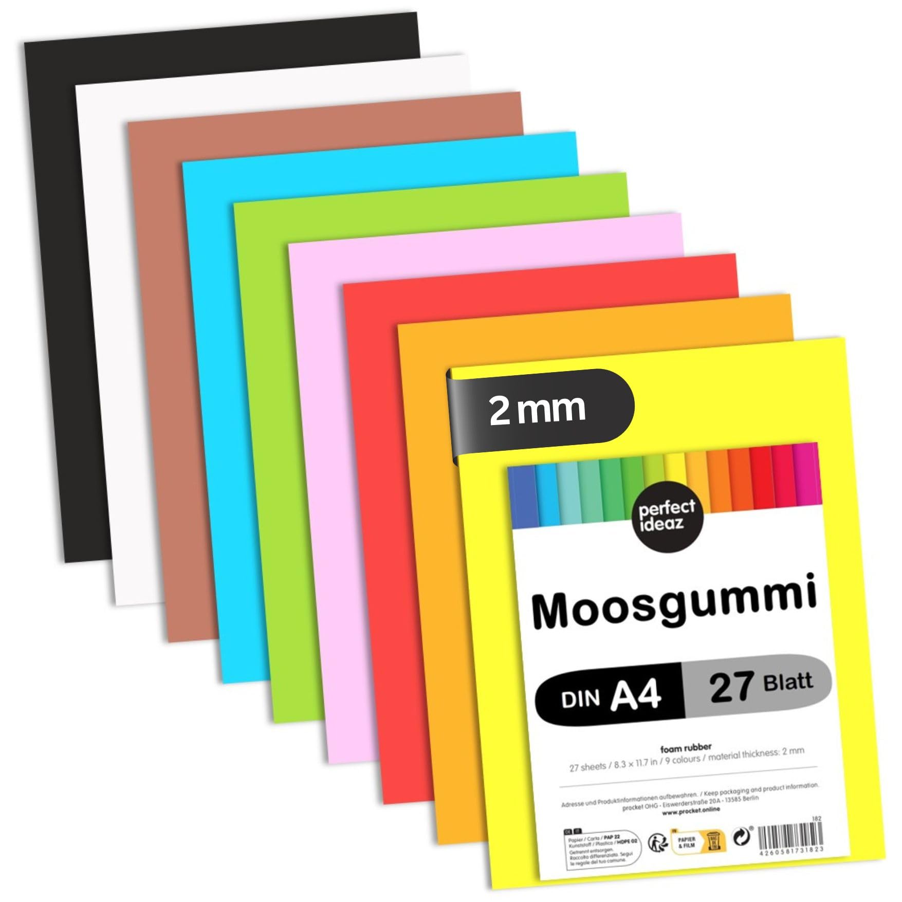 perfect ideaz 27 Sheets of A4 Coloured Foam Rubber, Foam Sheets in 9, 2 mm Thick, Colourful Foam Rubber, Set of Foam for Crafts, DIY Supplies, Foam Rubber mats for Children
