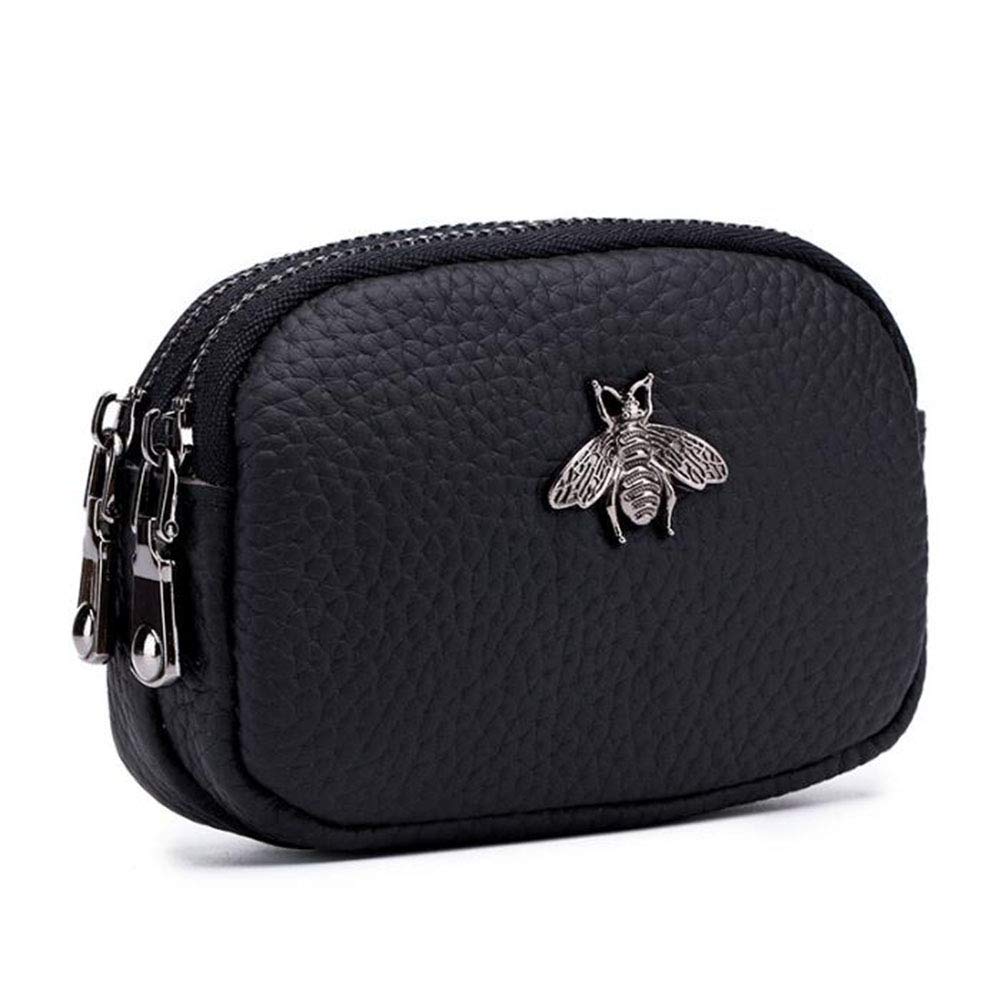 AprinCtempsD Ladies Genuine Leather Small Coin Purse Womens Mini Wallet Pouch Credit Card Holder with Double Zip (Black)
