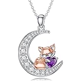 LONAGO Fox Moon Pendant Necklace Birthstone Fox Necklace Gift for Women