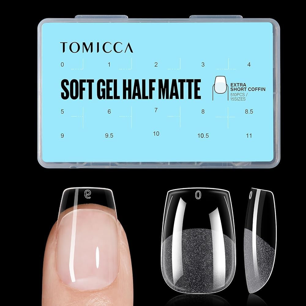 TOMICCA Coffin Shaped Short Nail Tips - 510PCS Half Matte Soft Gel, No File Needed- Full Cover False Nails, Clear Acrylic & Strong Tips for Press On Extension - 15 Sizes — image 1