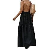 SOLY HUX Women's Summer Maxi Dress Criss Cross Backless Spaghetti Strap Ruffle Flowy Long Cami Dresses Sundress