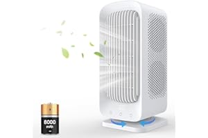 RYCHI Desk Fan, 8000mAh Battery Operated Tower Fan, 45°/90° Oscillating Fan, 5 Speeds, 8H Timer Tower Fan for Bedroom, Smart Display with Touch & Memory Bladeless Fan for Office Desktop Outdoor Indoor