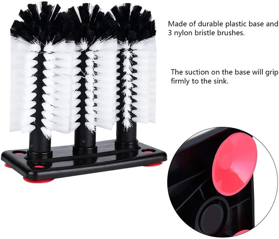 Triple Brush Bar Glass Washer 3 Brush Glass Scrubber Water Bottle Cleaning Brush Glass Washer Brush Cleaner for Sink with Suction Cup Base - Image 4