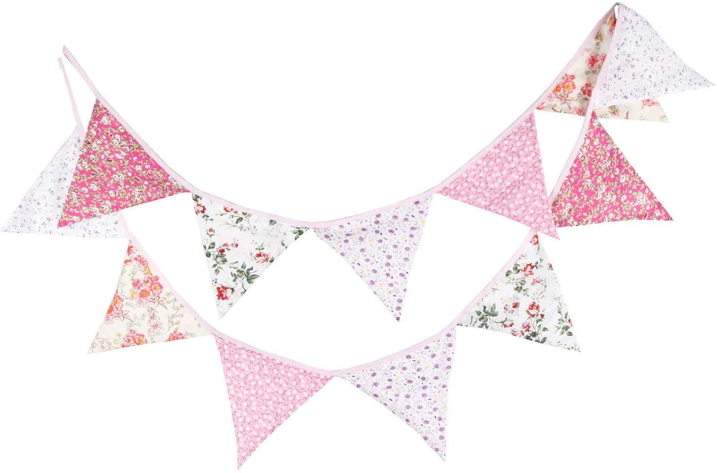 Pastoral Floral Fabric Bunting Banner 12 Pcs Double Sided Triangle Flags Garland 10.5 Ft Vintage Floral Pennant Flag Colourful Hanging Bunting Flag for Wedding Birthday Parties Baby Shower Home Decor