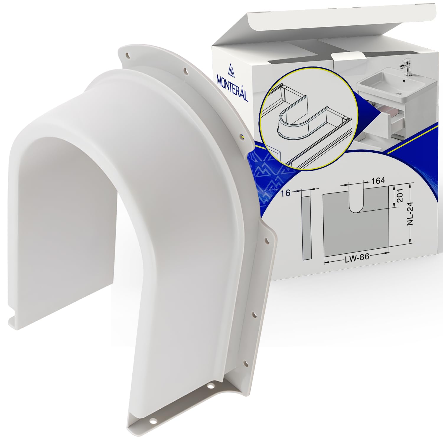 Siphon Cover for Drawer Bottom with 16 mm Thickness - White Cover in Grey U-Shape - Warranty 10 Years - MONTERAL