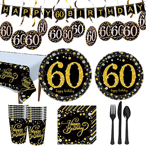 Trgowaul 60th Birthday Party Supplies - Black and Gold Disposable Paper Plates, Napkins, Cups, Tablecover Forks, Knives and Spoons for 16 Guests and Party Supplies Decorations Banner