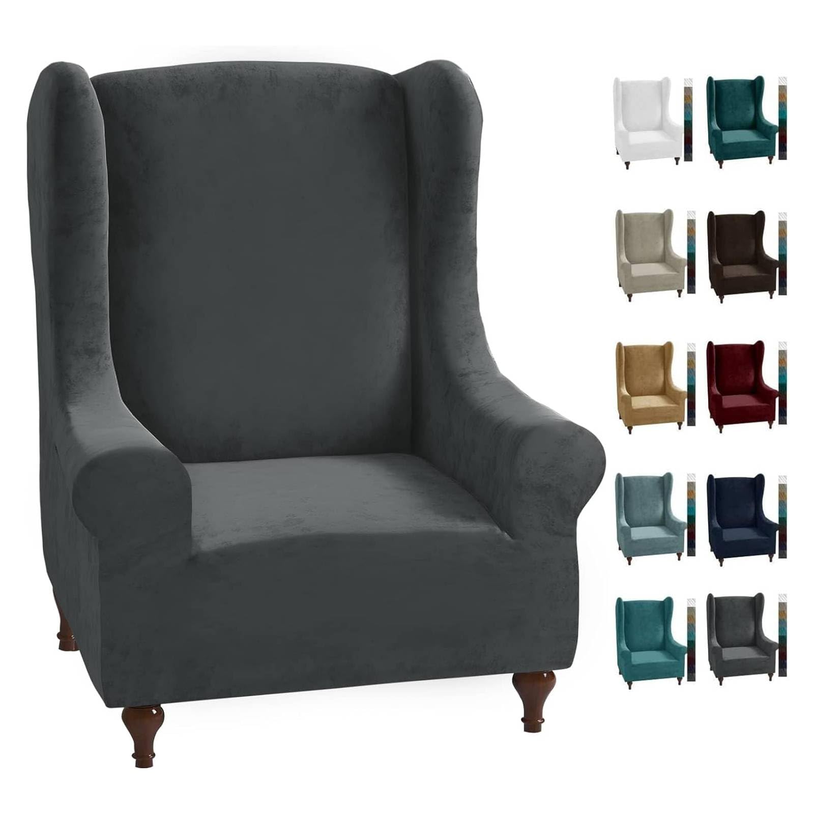 CHELZEN Stretch Velvet Wingback Chair Slipcover Soft Slipcovers for Wingback Chairs Wing Chair Cover with Elastic Bottom (Wing Chair, Gray)
