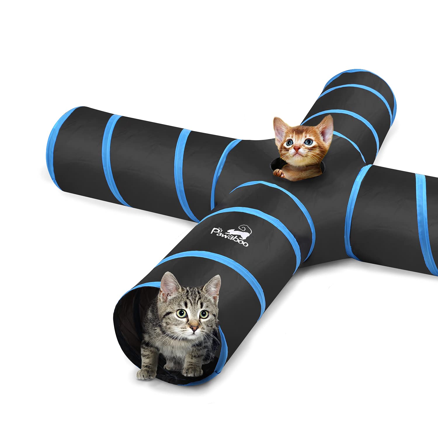 Pawaboo Cat Toys, Cat Tunnel Tube 4 Way Tunnels 25x53cm Extensible Collapsible Cats Play Tent Interactive Toy Maze Cats House with Balls and Bells for Kitten Kitty Rabbit Small Animal, Blue