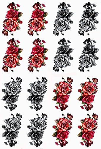 Flower Temporary Tattoos - Twin Rose (Set of 4 Sheets) Mixed Color Red/Pink Roses 16 individual Waterproof Sticker Fake Tattoo