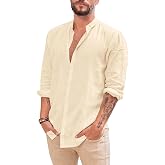 Makkrom Men Linen Shirt Button Down Long Sleeve Cotton Beach Band Collar Casual Summer Shirts