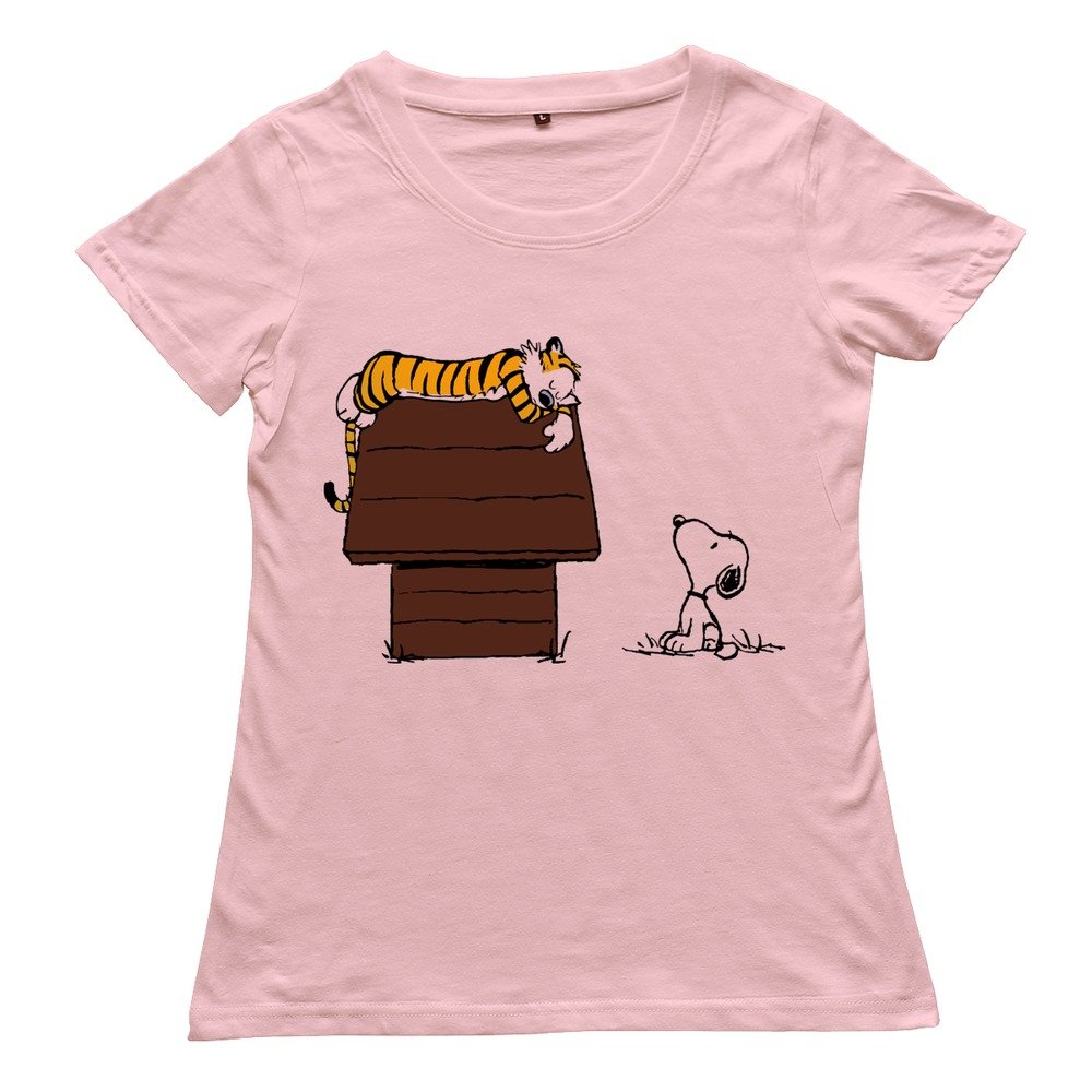 MAM2 Arts Custom Calvin and Hobbes Tiger on Doghouse Snoopy Women's Tshirt White