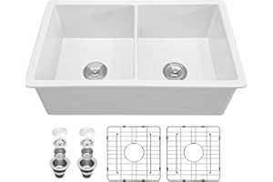 Sarlai 32 White Undermount Kitchen Sink Double Bowl - 32 Inch Drop Kitchen Sink Double Basin 50/50 Divide White Porcelain Ceramic Fireclay Undermount Drop/Undermount Kitchen Sinks Basin