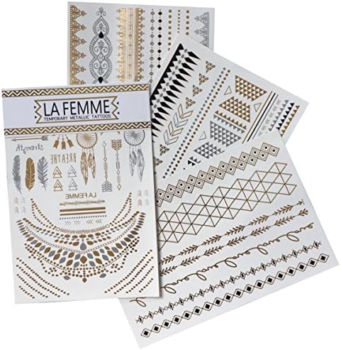 Premium Metallic Gold Silver Black Jewelry Temporary Bling Tattoo All-In-One Package 4 LARGE Sheets - 11'' x 7.5'' Sheets