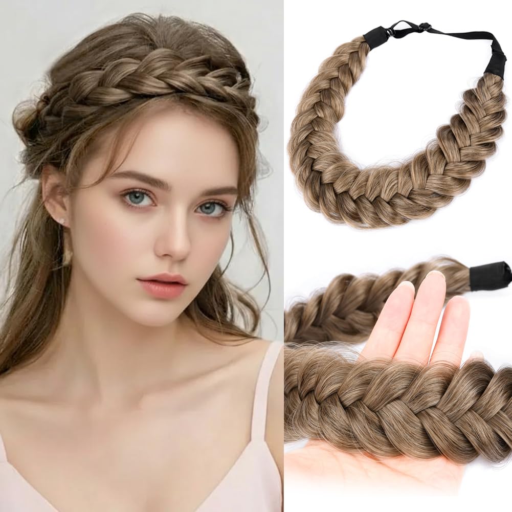 Gledola Messy Synthetic Hair Braided Headband Classic Chunky Wide Plaited Headband for Women Girl Beauty (Dark Ash Blonde) — image 1