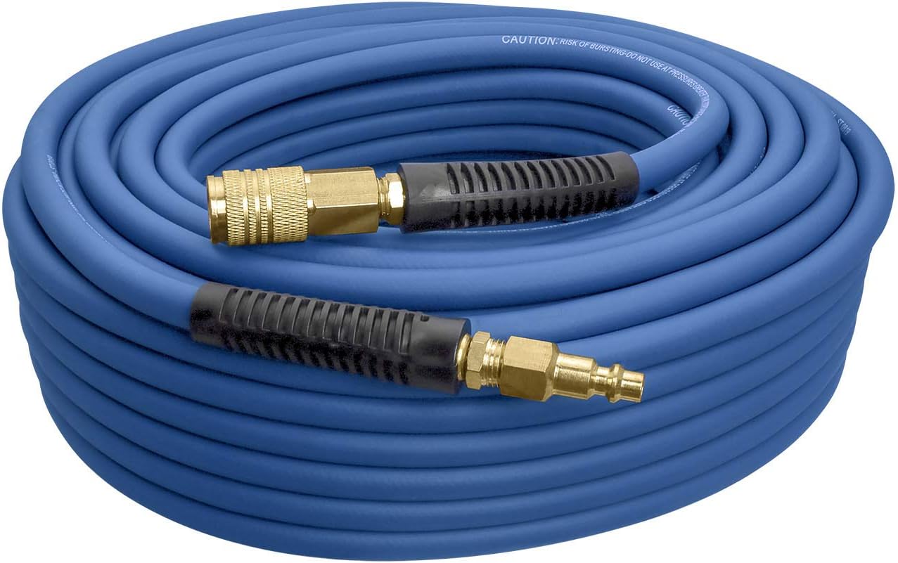 Estwing E1450PVCR 1/4" x 50' PVC / Rubber Hybrid Air Hose with Fittings Lightweight Kink-Resistant Compressed Air Hose with Solid Brass Couplings, Blue and Yellow - - 