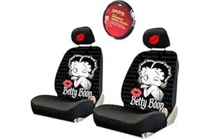 Yupbizauto New Betty Boop Timeless Front Low Back Car Seat Covers & Steering Wheel Cover Embroidery Kiss Headrest Cover (Ever