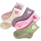 Plardeer Girls 5 Pairs Crew Athletic Socks Cute Pink Sports Socks Casual Stretchy Socks 3-12Y