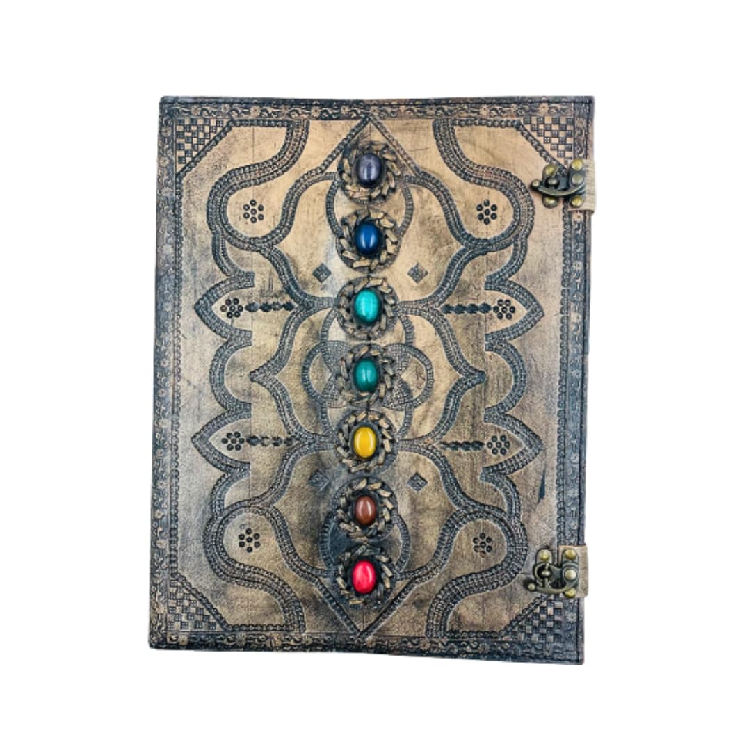 OVERDOSE Hand Embossed Seven Stone Handmade vintage leather journal Deckle edge paper, book of shadows grimoire - Size 10 X 13 Inches | 25 X 33 cm