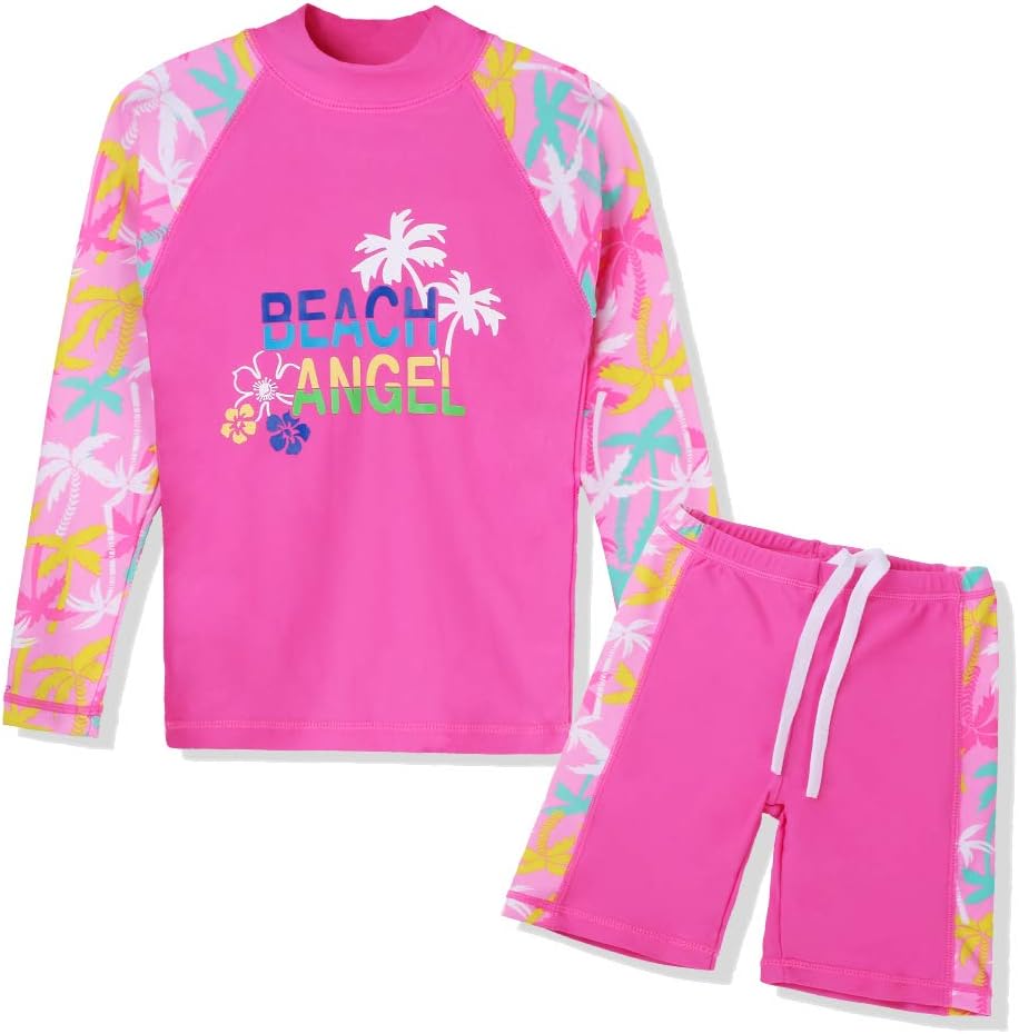 HUAANIUE Girls 2 Pieces HotPink Longsleeve Swimsuit Summmer Print Flower Sun Protection Suit UPF 50+ Children Swimming Costume