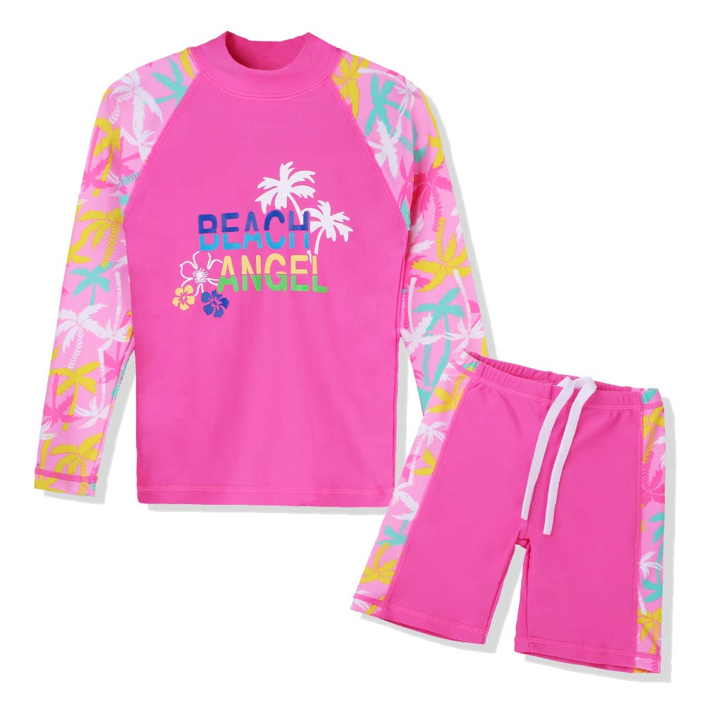 HUAANIUE Girls 2 Pieces HotPink Longsleeve Swimsuit Summmer Print Flower Sun Protection Suit UPF 50+ Children Swimming Costume