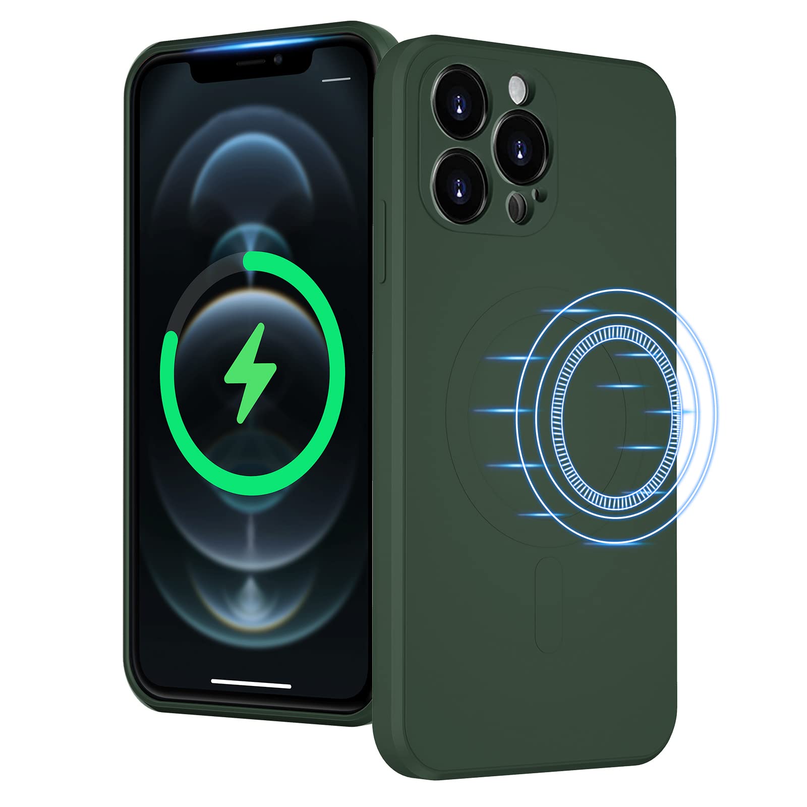 UEEBAI Liquid Silicone Wireless Charging Phone Case For iPhone 13 Pro Max 6.7 inch, Built-in Magnets Compatible with MagSafe Faster Charging Slim Fit Soft Microfiber Cover - Dark Green