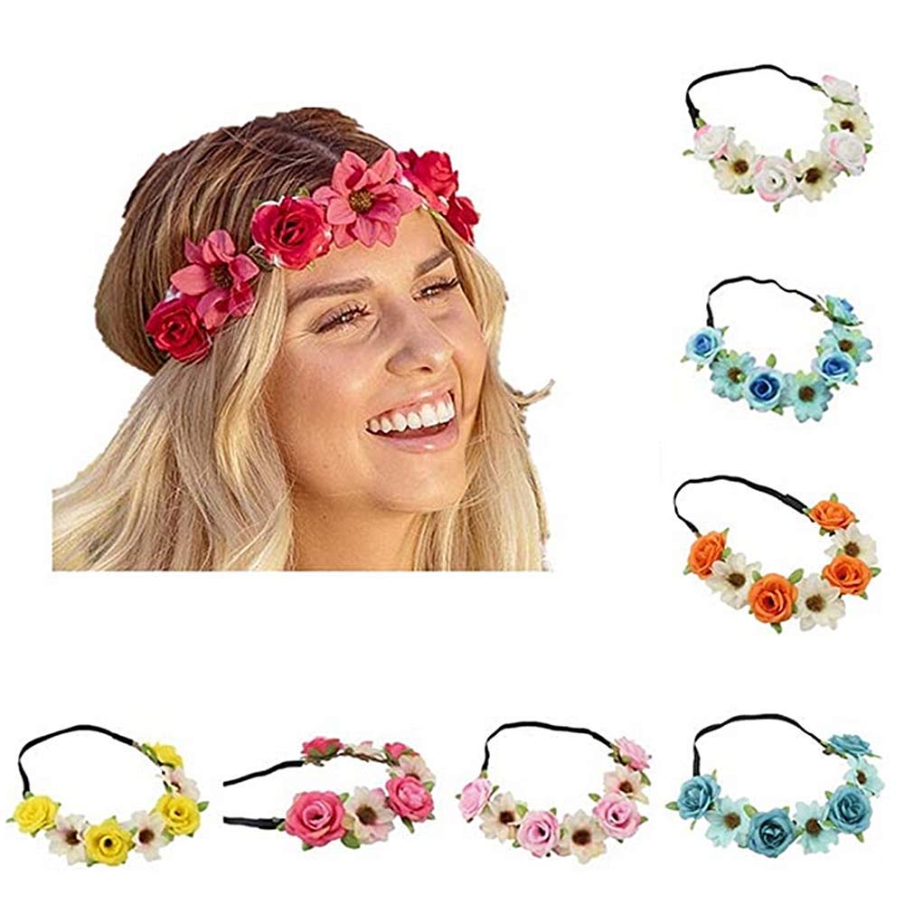 Headband Flowers, Flower Headbands, Pack of 8, Flower Wreath, Rose, Hawaiian Luau Flower, Seaside Flower Garland with Adjustable Elastic