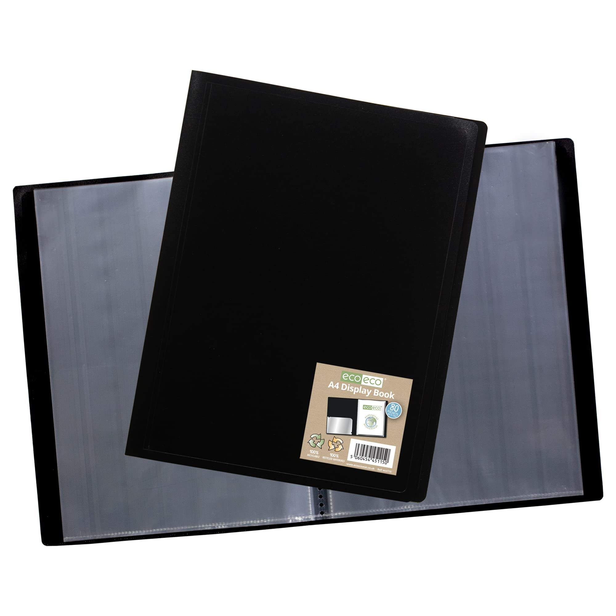eco-eco A4 100% Recycled 80 Pocket Black Flexible Cover Portfolio Book Folder Display Book, eco115